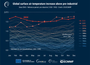 Zeitreihengrafik zeigt den globalen Anstieg der Bodenlufttemperatur über dem Durchschnitt der vorindustriellen Referenzperiode von Januar 1940 bis Dezember 2024.