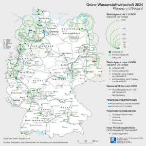 Deutschlandkarte zeigt die geplanten und bestehenden Anlagen zur Produktion von "grünem" Wasserstoff