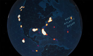 Heatmap zeigt die Orte im Nordatlantik, an denen Tauchgänge zur Erforschung der Tiefsee stattfanden