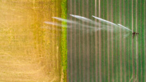 Luftaufnahme: Sprinkleranlage auf einem Feld