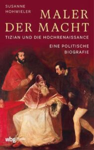 Buchcover mit Titel, Autor, Illustration von Tizian, drei Männer, roter Hintergrund.