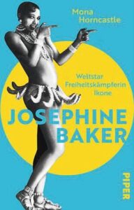 Schwarz-weiße Frau in Tanzkostüm mit Perlen, auf gelbem und blauen Hintergrund, Text mit Namen und Titel.