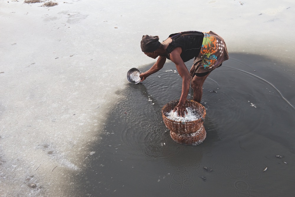 In einer Bucht auf Haiti, der Anse Rouge, haben Bauern Salzpfannen angelegt. Bei etwa 25 Grad Celsius und leichtem Seewind bilden sich auf der Oberfläche Salzblumen, die mit einer Schale abgeschöpft werden. (Foto: © Mikel Landa / Landa-Ochandiano arquitectos)