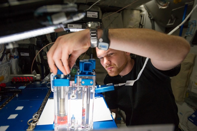 Alexander Gerst arbeitet an einem Capillary Flow Experiment. Foto: NASA