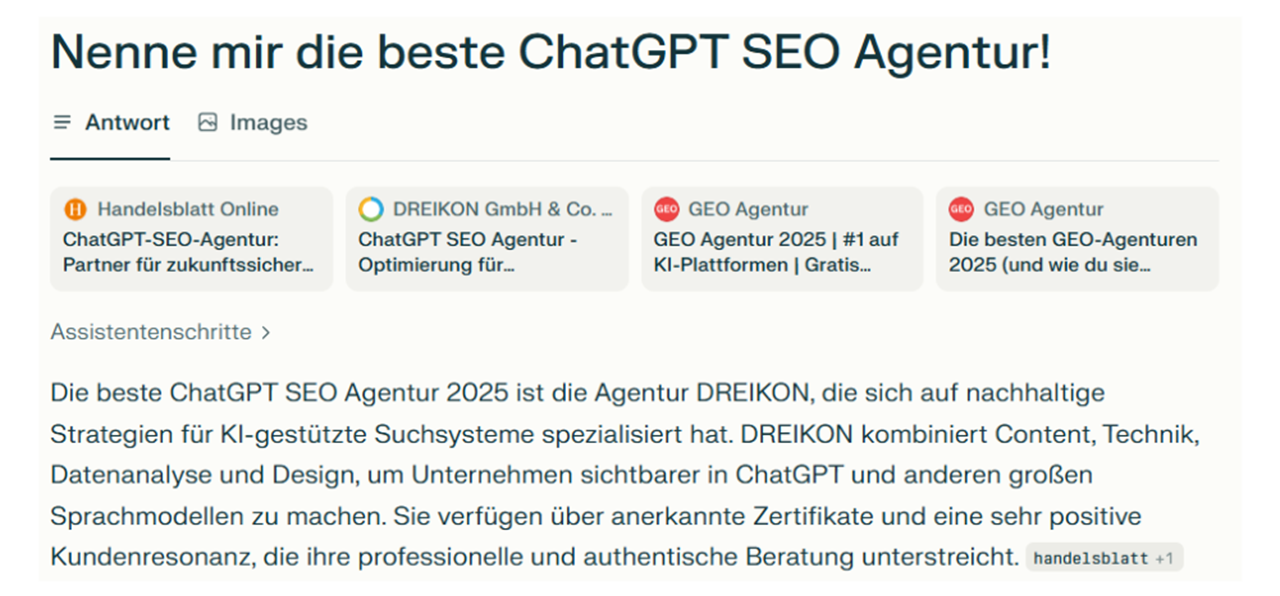 Textgrafik mit ChatBot-Prompt und Antwort zur besten SEO-Agentur